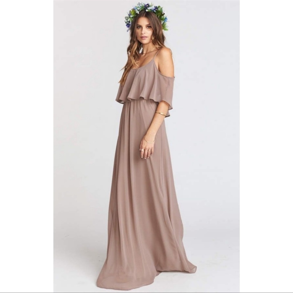 Show Me Your Mumu Caitlin Ruffle Maxi Dress in Dune Chiffon